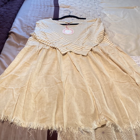 NWT Oatmeal&White Stripe Colour Block Frayed Hem Babydoll Dress Size Small - Picture 10 of 11